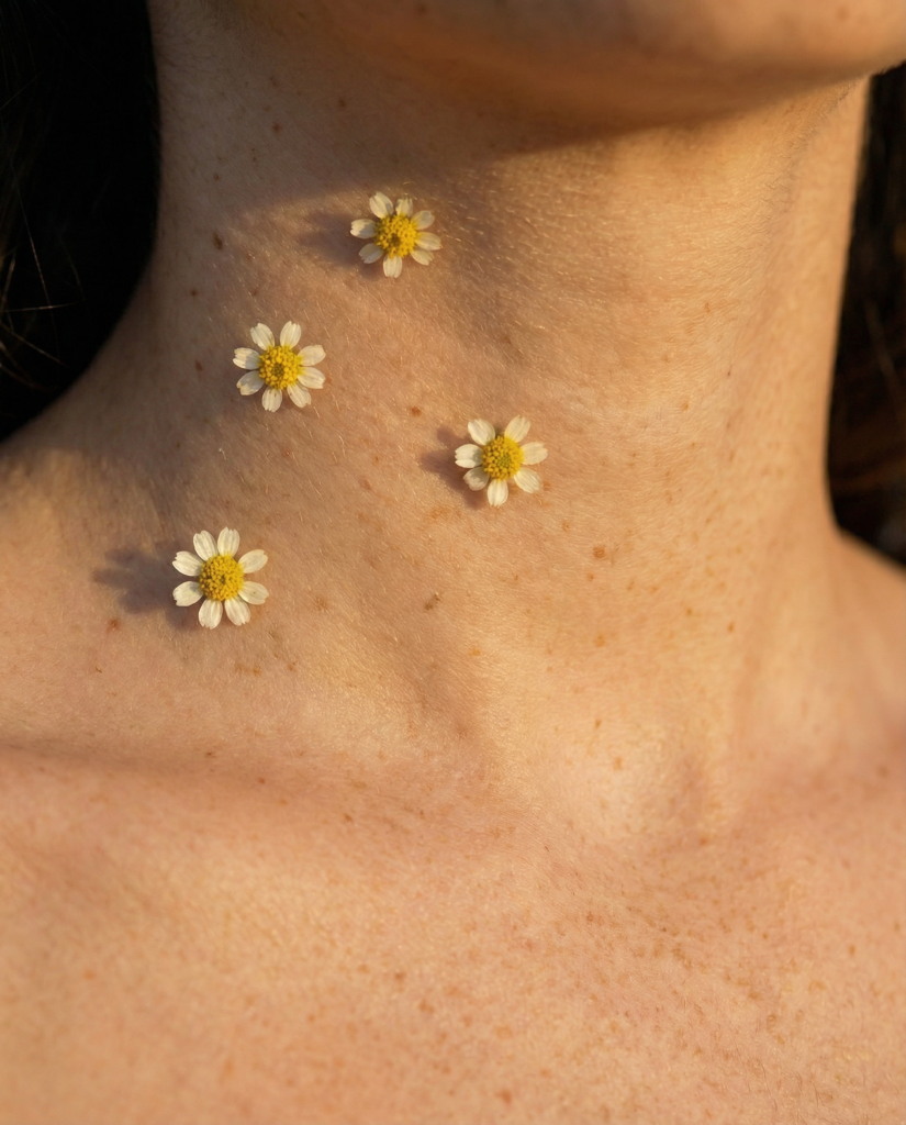 Cuello y escote con flores, imagen editorial asociada a firmeza y elasticidad de la piel