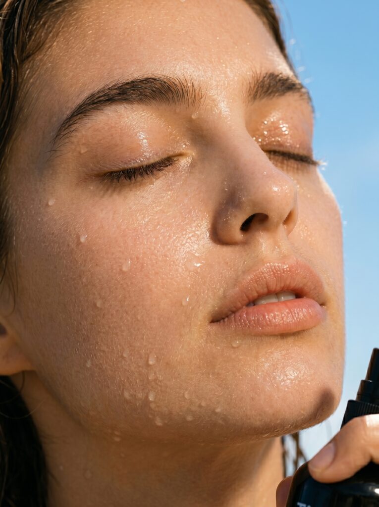 Piel húmeda con gotas de agua y bruma facial para aportar confort cuando el agua con cal para la piel deja sensación de tirantez